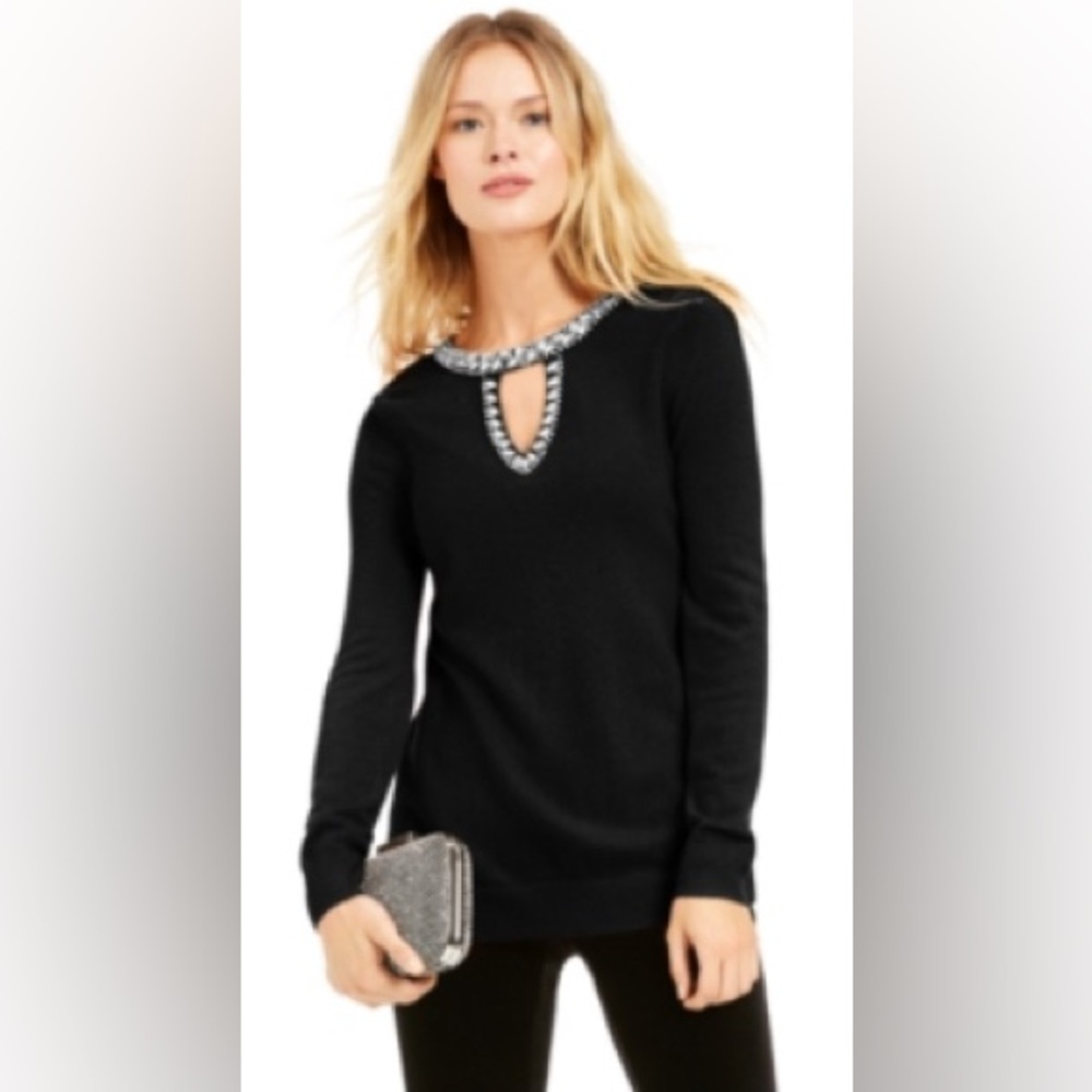 Inc. Large Black Sweater Embellished Long Sleeve V Keyhole Cutout Super Soft